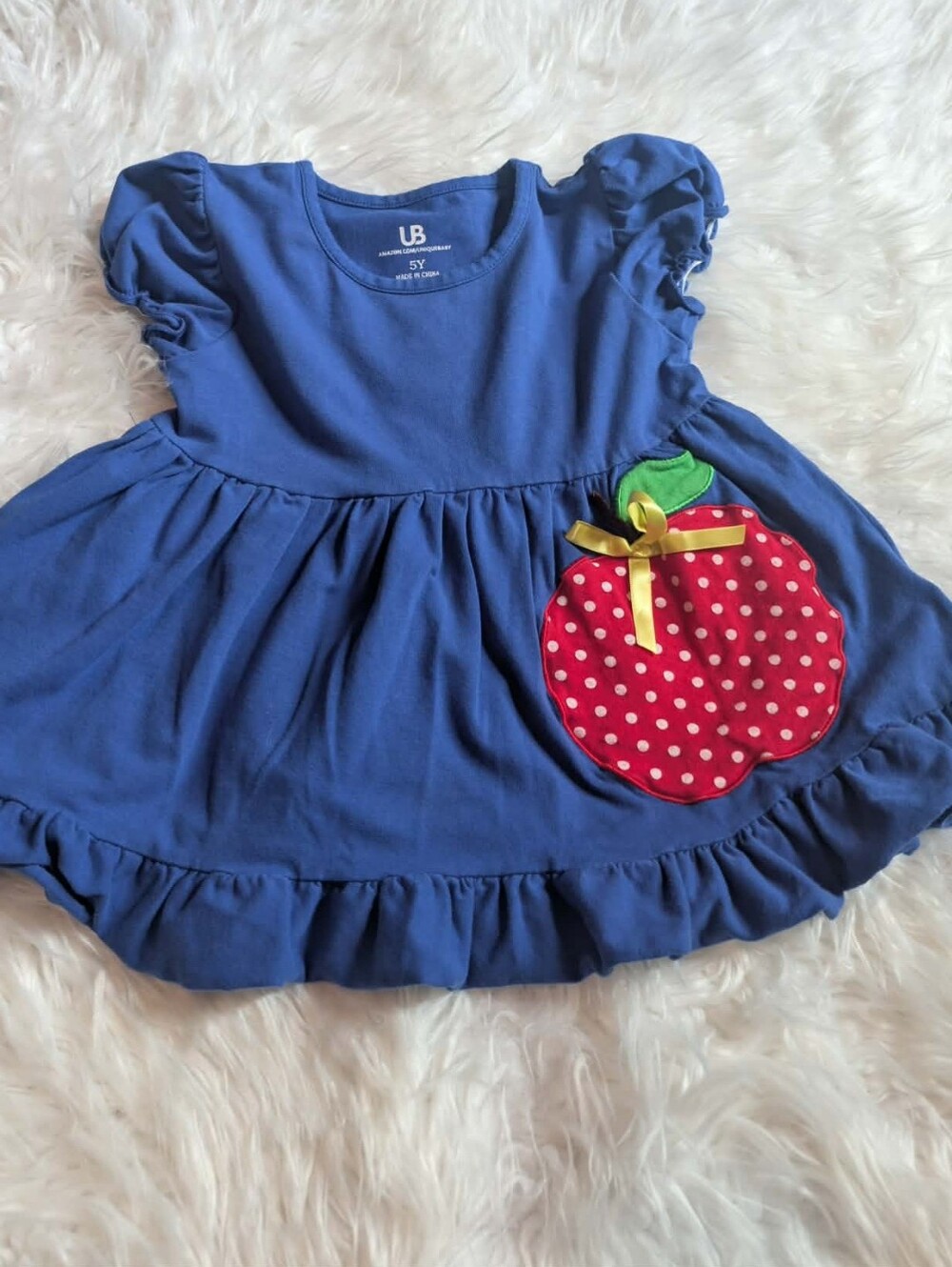 UB Girls Blue Dress with Red Polka Dot Apple Pocket School Top Like New